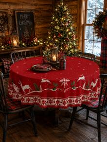 1 pieza Mantel rectangular rojo de Navidad, estampado de renos, copos de nieve, árbol de Navidad y acebo, estilo nórdico, decoración festiva para comedor y cocina, adecuado para cena de Navidad, reunión familiar, montaje de fiesta, mesa de comedor de la sala de estar, decoración del hogar, artículos esenciales de cocina - Multicolor - Ver 10