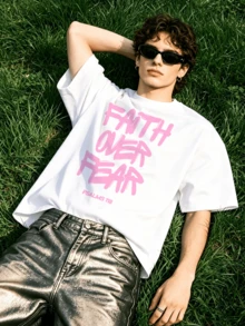 Men's Summer Casual Soft Round Neck Short Sleeve-Shirt,Pink Faith Over Fear Graffiti Style Bible Verse Print Graphic Is Suitable Daily Wear. - White - View 3