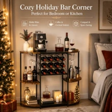 Wine Rack & Storage – 3-Tier Mini Liquor Holder, Space-Saving Display Shelf For Wine, Whiskey, Spirits, Glasses, Kitchen Furniture Organizer For Dining Room, Living Room, Kitchen Counter, Rustic Brown - View 4