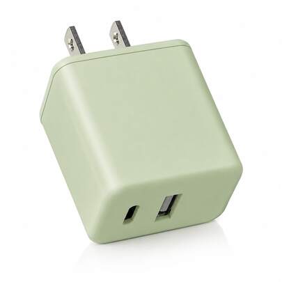 KFLY 淺綠色 20W 雙孔快充充電器 USB-A+USB-C 直插式快速充電器，迷你便攜旅行充電器
