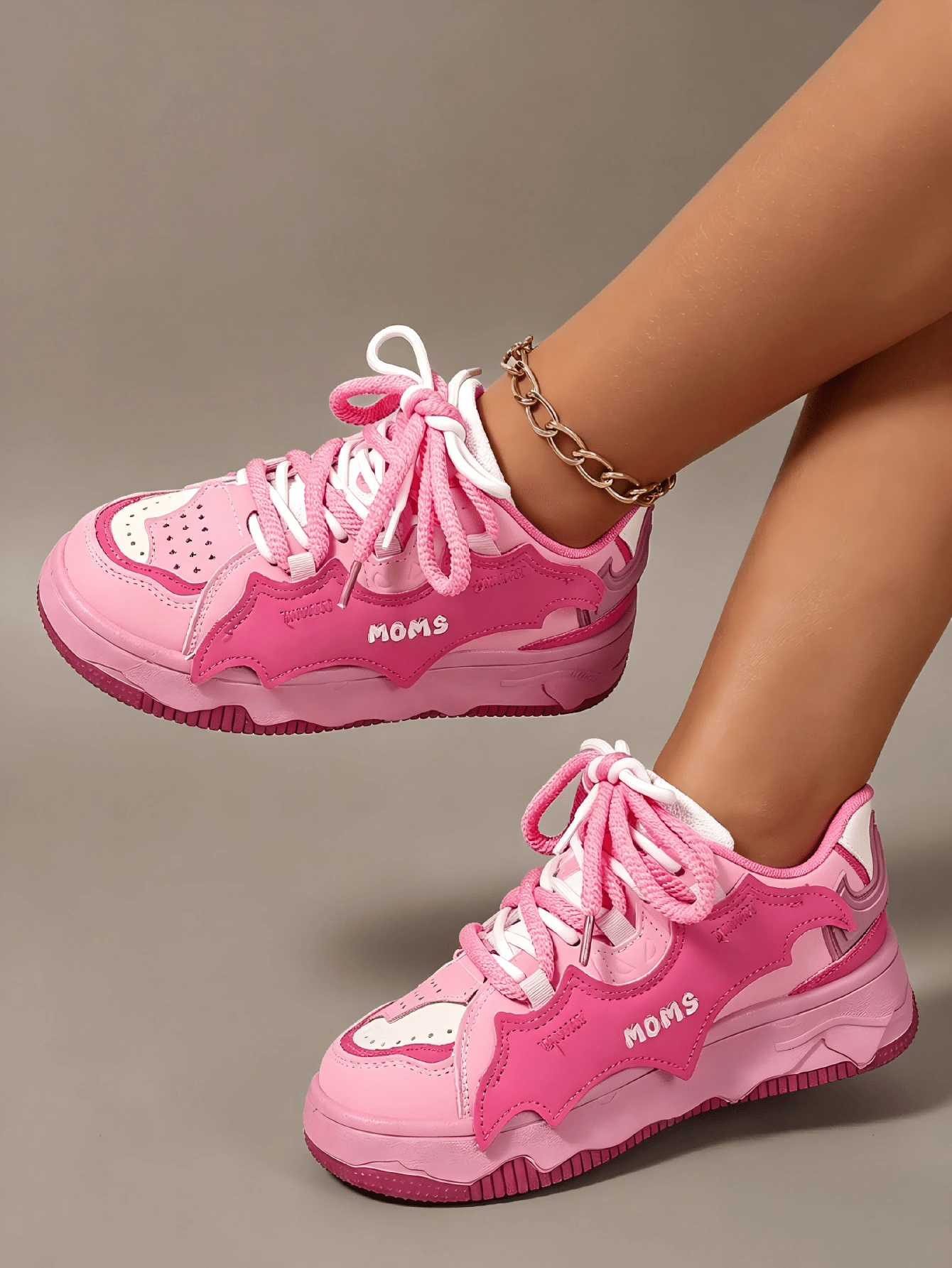 Women's Lace Up Shoes, Round Toe Thick Soled Shoes, European And American Style Sports Shoes, Fashionable Sports Shoes, Color Matching Sports Shoes - 玫瑰紅 - 查看 1
