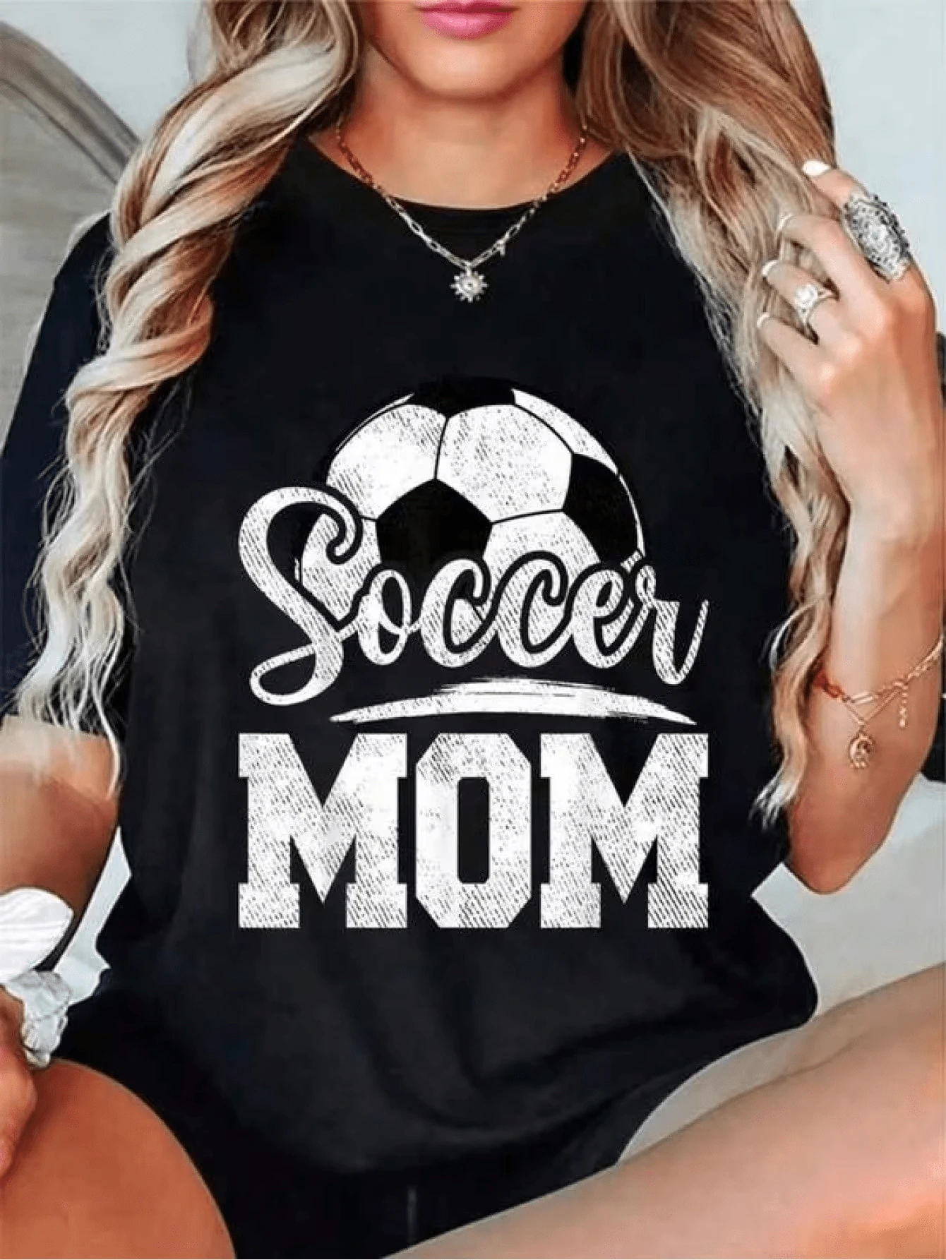 Black Soccer Ball Graphic And Decorative Lettering Outfit - Casual Outfit For Mom For Game Day, Mother's Day Gifts - Soft Machine Washable Fabric, Soccer Clothing - 黑色 - 查看 1