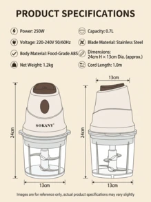 SOKANY 06009 0.7L 食物切碎機肉類研磨機，3 個不鏽鋼刀片迷你食物處理機，附雙碗 - 棕色 - 查看 3
