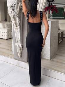 Women's All-Over Print Halter Neck Open Front Elegant Cinched Waist Ball Gown Dress - Black - View 2