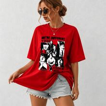 1pack Fleurine Studio Women's Oversized Cotton T-Shirt, Vintage Rock Band Graphic Tee, "We're Different This Is A Stone Age" Print, Casual Short Sleeve Top And Fitted - 紅色 - 查看 1