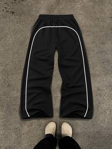 Fractyr Men's Black Drawstring Pants, American Style White Stripe Print Drawstring Elastic Waist Loose Fit Long Pants, Casual Pants For Everyday Wear - Black - View 5