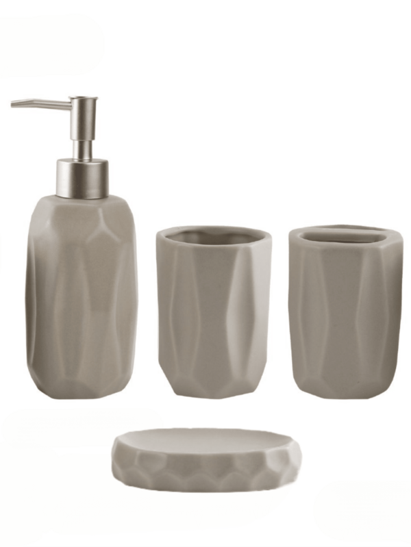 4-Piece Set, Light Beige Ceramic Bathroom Accessories, Includes - Soap Dispenser, Toothbrush Holder, Tumbler, Soap Dish, Minimalist Geometric Design, Suitable For Home, Rental