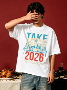 Camicia estiva casual da uomo con collo rotondo morbido e maniche corte, stampa grafica a tema castello del circo Take That 2026 con lettere, adatta per uso quotidiano - Bianco - Visualizzare 3