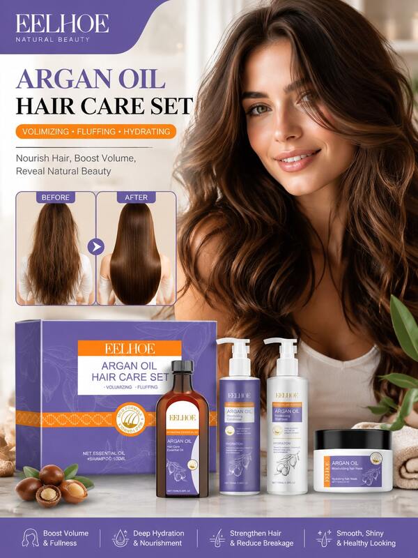 EELHOE Argan Oil Hair Care Set, Hydrating & Smoothing Hair Treatment Kit, Volumizing Hair Care Set With Argan Oil, Daily Hair Moisturizing Kit, Moisturizing Hair Smooth And Fluffy Care Set Deep Nourishment Suitable For Most Hair Types, Hair Care Gifts