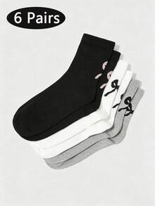 1/3/6 Pairs Women's Cute Bowknot Print Mid-Calf Socks, Pure Black White Gray Ribbed Crew Socks, Simple Fashion Pattern Daily Casual Ankle Socks - Multicolor - View 12