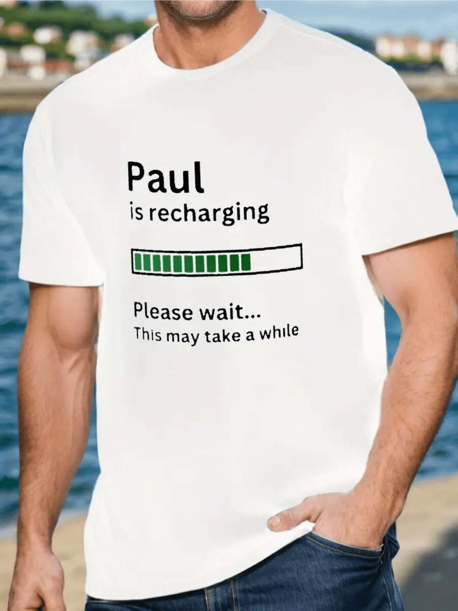 Gráfico que muestra una barra de carga verde con el texto divertido de recarga personal ideal para amantes del humor tecnológico camiseta de hombre casual cómoda adecuada para uso diario - Blanco - Ver 1