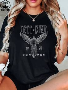 AINO 1 Piece Women's T-Shirt, 100% Cotton, Rock Style, Vintage Graphic Print Bird And Eagle, For Country Music Concerts, Casual, Short Sleeve, Classic Style, 180g - 黑色 - 查看 1