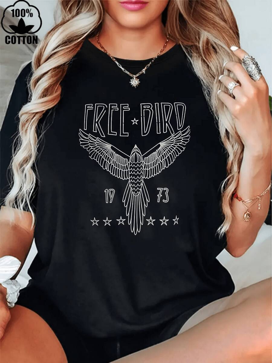 AINO 1 Piece Women's T-Shirt, 100% Cotton, Rock Style, Vintage Graphic Print Bird And Eagle, For Country Music Concerts, Casual, Short Sleeve, Classic Style, 180g - 黑色 - 查看 1