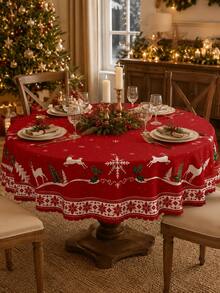1 pieza Mantel rectangular rojo de Navidad, estampado de renos, copos de nieve, árbol de Navidad y acebo, estilo nórdico, decoración festiva para comedor y cocina, adecuado para cena de Navidad, reunión familiar, montaje de fiesta, mesa de comedor de la sala de estar, decoración del hogar, artículos esenciales de cocina - Multicolor - Ver 2