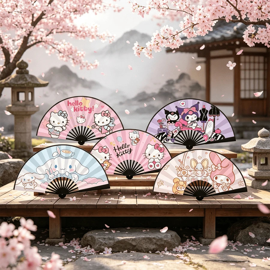 Sanrio 1/件 桂圓卷 黑米 Hello Kitty 可愛卡通派對不織布手搖扇，復古摺扇，夏季必備涼感系列雙面，多款 Hello Kitty、Kuromi、Jade Guigou、My Melody 派對禮物，生日禮物，情人節，婚禮，舞會，旅行配件，返校季，畢業季，母親節，復古風格，夏季完美選擇