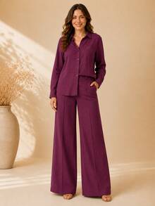Women's Viscose Linen Set: Long-Sleeved Shirt With Buttons + Lined Wide-Leg Pants. Lightweight And Breathable Fabric. Elegant Casual Look For Work, Outings, And Everyday Wear. - 酒紅色 - 查看 1