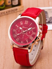 1pc Fashion PU Leather Strap Alloy Quartz Watch - Red - View 3