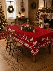 1 pieza Mantel rectangular rojo de Navidad, estampado de renos, copos de nieve, árbol de Navidad y acebo, estilo nórdico, decoración festiva para comedor y cocina, adecuado para cena de Navidad, reunión familiar, montaje de fiesta, mesa de comedor de la sala de estar, decoración del hogar, artículos esenciales de cocina - Multicolor - Ver 5