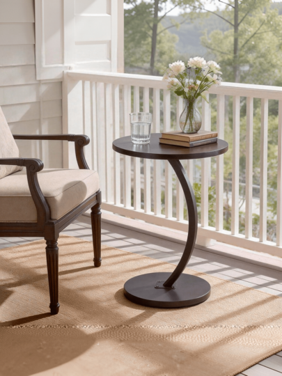 C-Shaped Minimalist Side Table With Solid Wood Tabletop And Stable Iron Frame. It Fits Neatly Into The Narrow Gap Beside Sofas And Offers Compact Storage Without Taking Up Much Space.