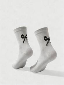 1/3/6 Pairs Women's Cute Bowknot Print Mid-Calf Socks, Pure Black White Gray Ribbed Crew Socks, Simple Fashion Pattern Daily Casual Ankle Socks - Multicolor - View 6