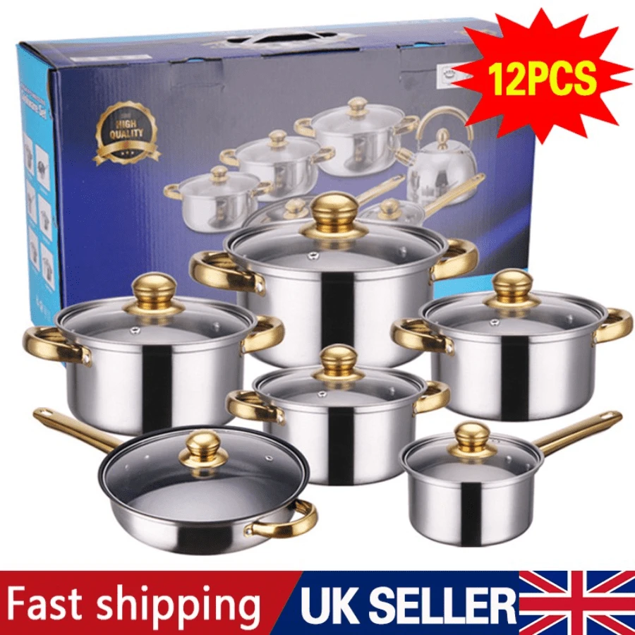 12Pc Stainless Steel Casserole Saucepan Stock Pot Set Kitchen Induction Cookware - View 1