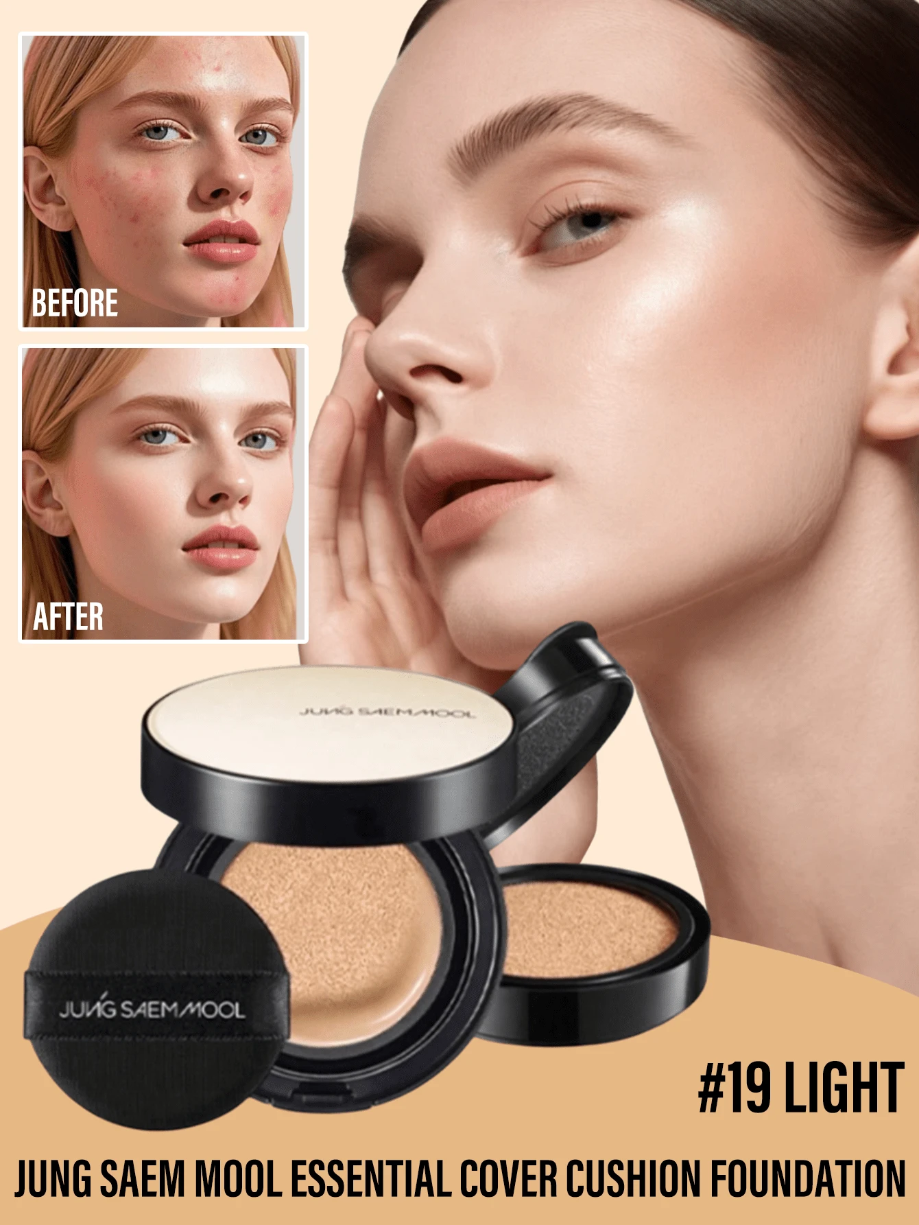 JUNG SAEM MOOL Essential Cover Cushion Foundation #19 - Lightweight, Cushion Texture, Refillable, Long-Lasting Coverage, Breathable, Easy To Retouch, Micro-Powder Technology, Suitable For All Skin Types Including Sensitive Skin, Suitable For Daily Makeup And Special Occasions. - #19 Light - View 1
