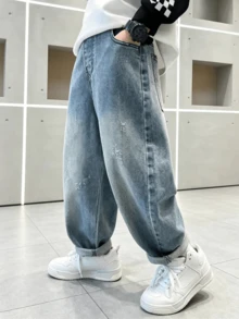 Tween Boy Straight Leg Loose Casual Denim Jeans With Pockets, Spring/Autumn - Light Wash - View 2