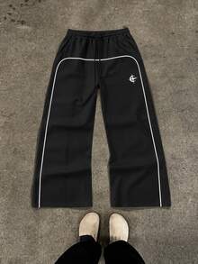 Fractyr Men's Black Drawstring Pants, American Style White Stripe Print Drawstring Elastic Waist Loose Fit Long Pants, Casual Pants For Everyday Wear - Black - View 4