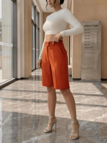 Women's Tailored Bermuda Shorts, High Waist, Elegant, Formal, Comfortable, Suitable For All Seasons, Chic Look - 鐵鏽紅 - 查看 2