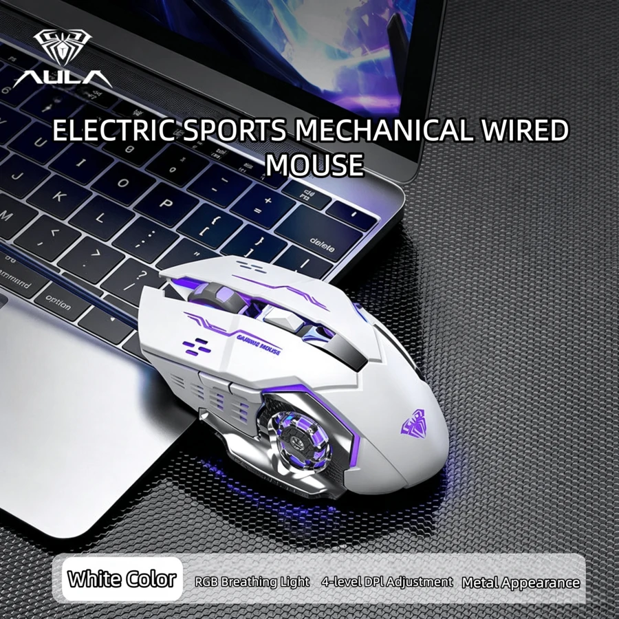 AULA Mouse Gaming, Laptop, Berkabel, Senyap, Mekanik, Makro Gaming, USB, Desktop, Pengaturan Pribadi, Pencahayaan, PC, Putih, Hitam - View 1