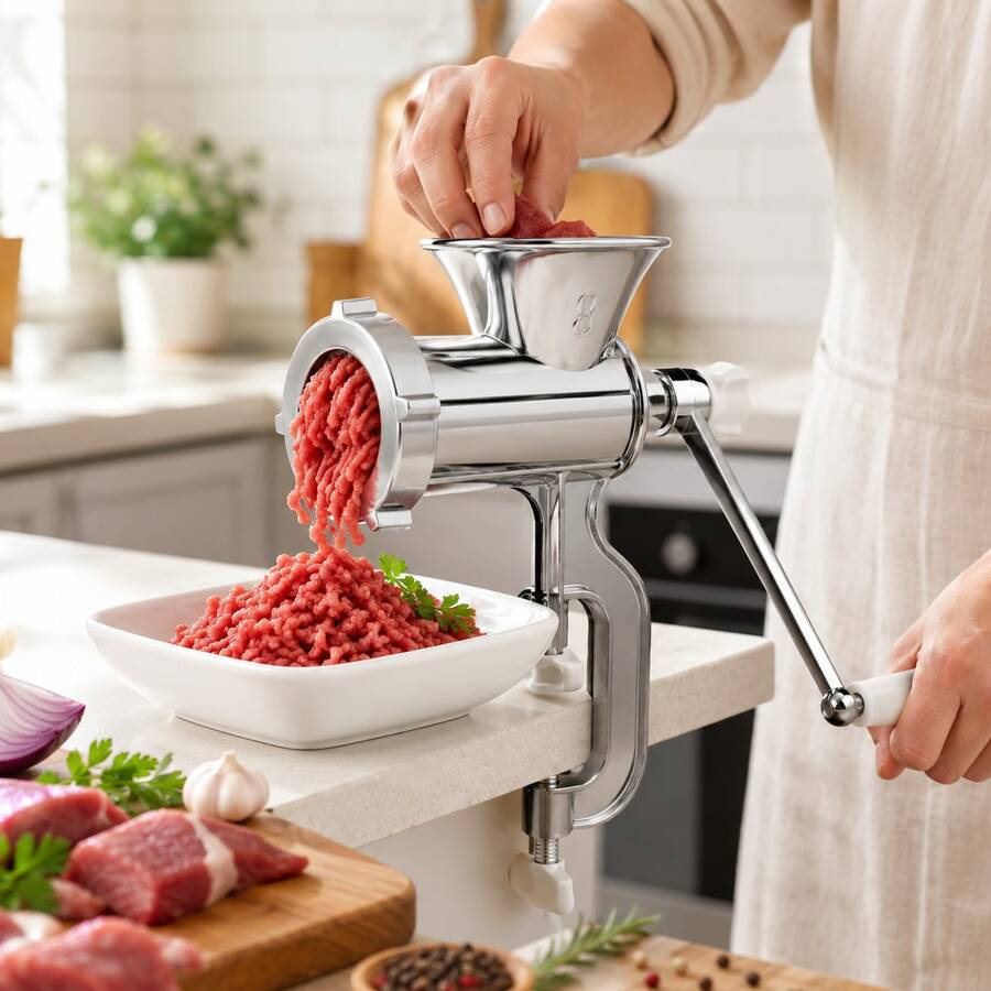 Shoppe house - Picadora de Carne Manual, Acero Inoxidable, Medidas 15x27cm, Maquina de Picar Carne Doméstico con Mango Antideslizante, Moledora de Carne, Fijación Firme - Plateado - Ver 1