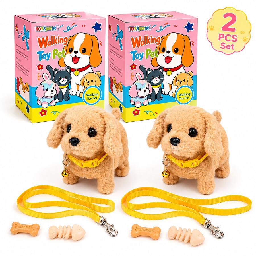 2PCS Cute Walking Toy Dogs With Leashes, Interactive Barking & Tail Wagging Plush Puppies, Soft Electronic Pet Toy Gift For Kids - Brown - View 1