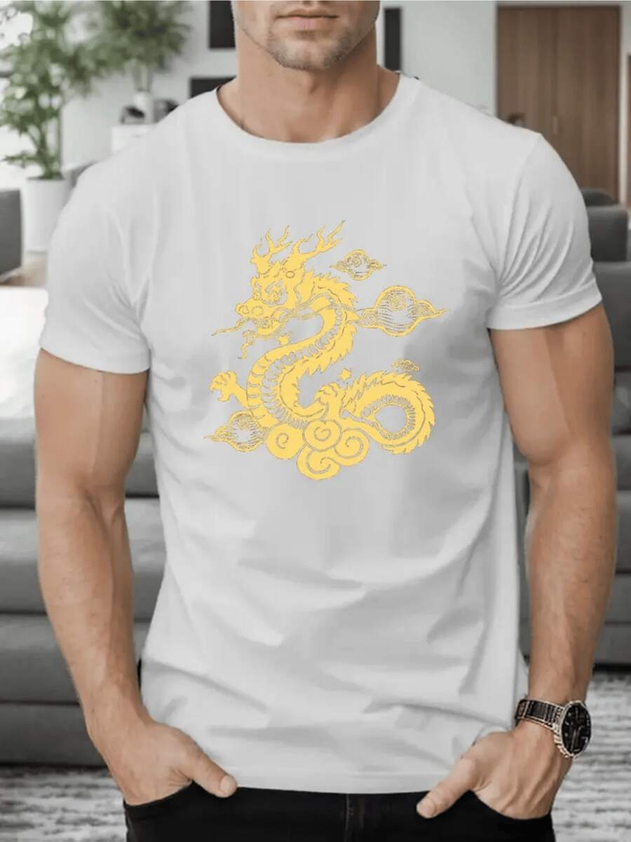 Golden Dragon Wrapped In Clouds Symbolizing Power, Wisdom And Eternal Fortune. Modern, Comfortable And Stylish Men's T-Shirt. - White - View 1