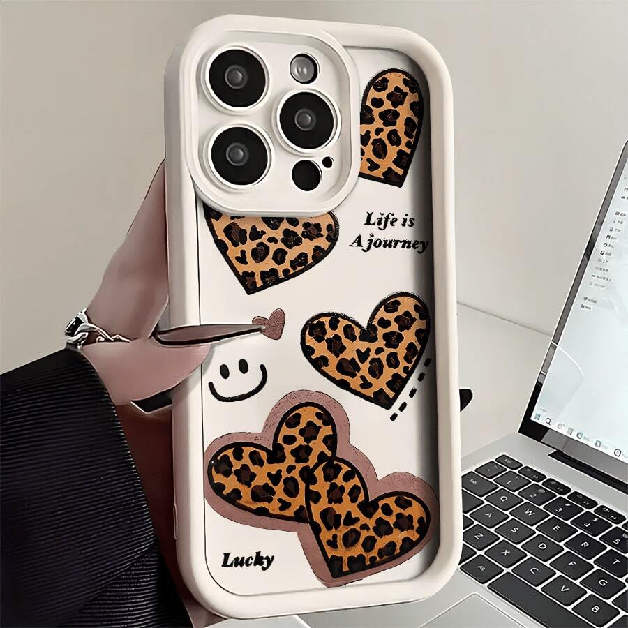 Leopard Print Heart Face Phone Case, Compatible With Models Such As 16E/15/14/13/12/11/PRO/PLUS/PROMAX/MINI, S/A/M/NOTE, S/G/EDGE/E, Transition SPARK/HANTOM/CAMON/, Honor 400/PLAY/X/Y, Reno/A/F, 14//POCO/NOTE And Others. Transparent, Simple, Elegant And Durable, Made Of Protective TPU Material. Ideal For Valentine's Day, Halloween, Christmas And Other Festive Occasions, Great For Personal Use Or As A Gift. - 白色的 - 查看 1