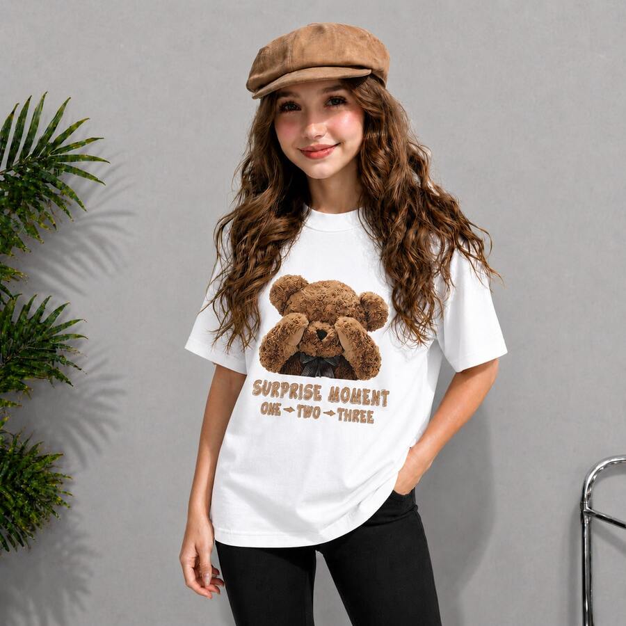 Girls' T-Shirt With Teddy Bear Design, Delicate, Fashionable, In Premium Cotton Knit - 白色 - 查看 1