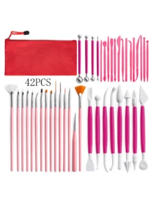 42PCS Aesthetic Pink Clay Tool Set – Includes Detail Brushes, Carving Knives And Stylus – Complete Pottery Kit With Red Storage Bag - Multicolor - View 3