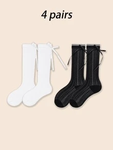 1/2/4/5/6 Pairs Spring/Summer Thin Sweet Versatile Ballet Style Bow Hollow Out Slouch Socks - Multicolor - View 18