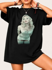 Black T-Shirt With A Large Portrait Of Madonnaa In A White Satin Corset, Legendary Pop Icon Print, Unisex Concert Merchandise, Casual Streetwear Tee For Retro Pop Music Fans - Black - View 1
