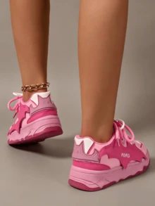 Women's Lace Up Shoes, Round Toe Thick Soled Shoes, European And American Style Sports Shoes, Fashionable Sports Shoes, Color Matching Sports Shoes - 玫瑰紅 - 查看 3