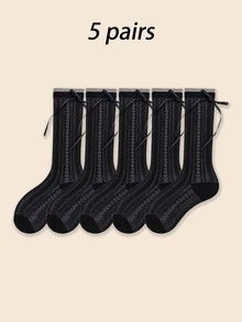 1/2/4/5/6 Pairs Spring/Summer Thin Sweet Versatile Ballet Style Bow Hollow Out Slouch Socks - Multicolor - View 16