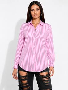 Women's Long-Sleeved Striped Linen Shirt In Colorful And Vibrant Leopard Print. - Hot Pink - View 1