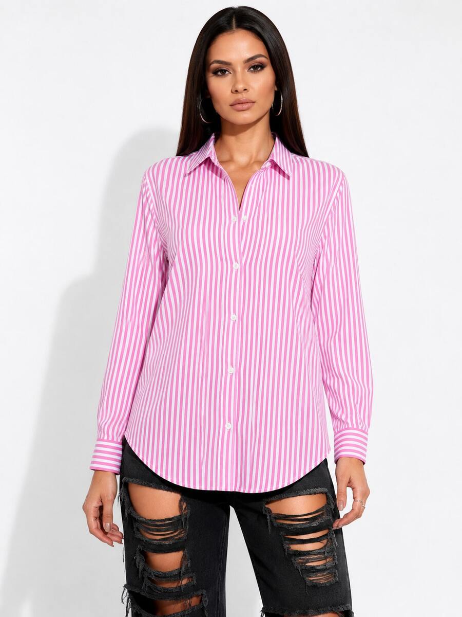 Women's Long-Sleeved Striped Linen Shirt In Colorful And Vibrant Leopard Print. - Hot Pink - View 1