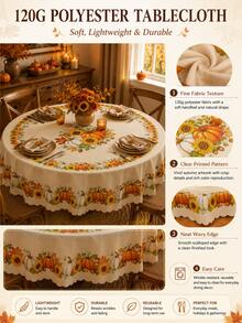 1pc-Fall Pumpkin Maple Leaf Round Tablecloth, Autumn Berry Vine Table Cover With Cream Background, Scalloped Lace Style Edge For Thanksgiving Home Dining Decor - Multicolor - View 2
