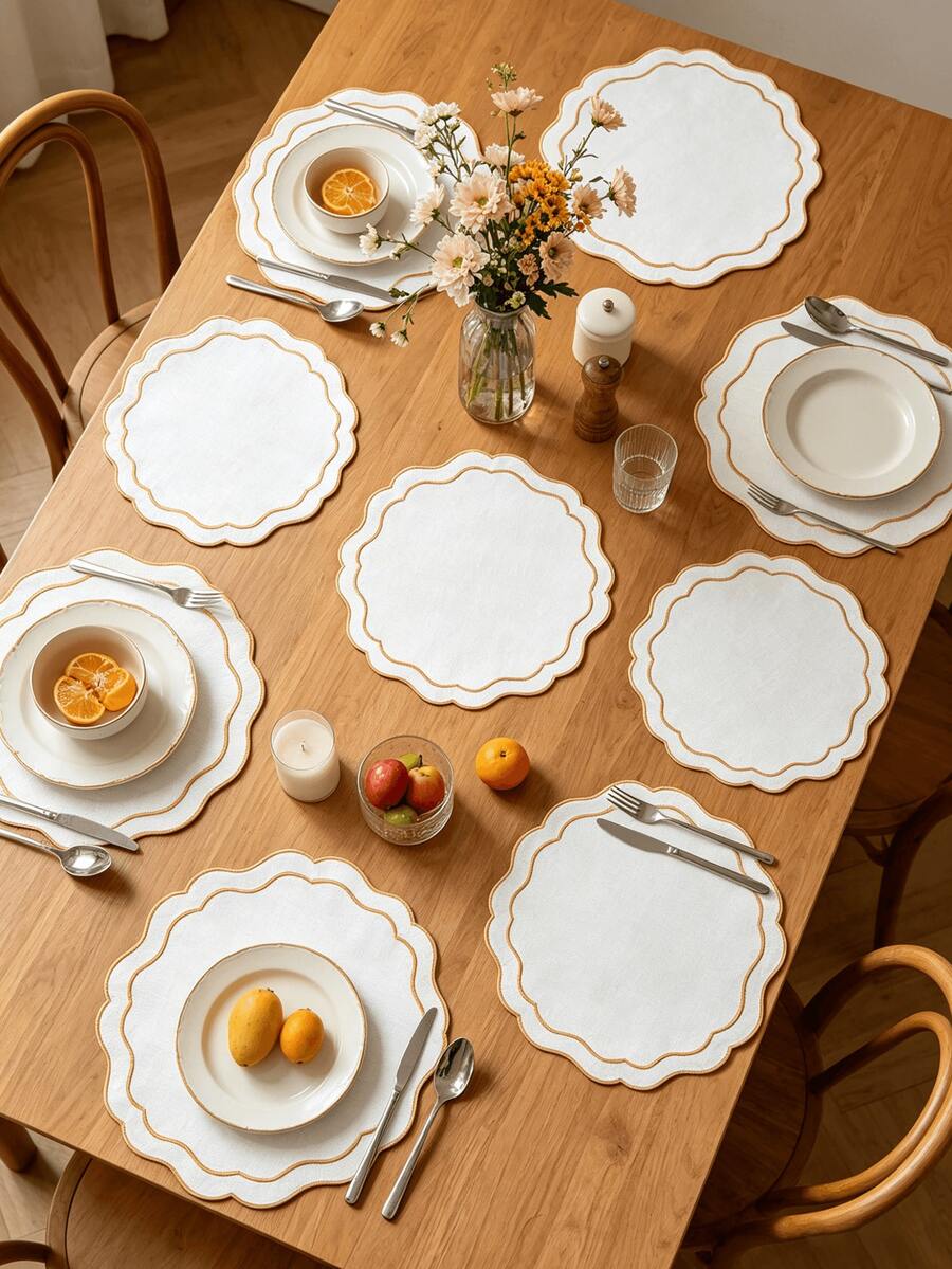 1-4pcs Red & White Contrast Color Placemats, French Luxury Linen Wavy Edge Waterproof Heat-Resistant Table Mats, Home Holiday Table Decor - Multicolor - View 1