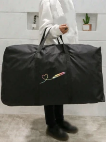可折疊旅行袋，中性款，愛心飛機圖案，便攜手提包，大容量行李袋，多功能旅行配件，行李搬運袋，牛津布材質，裝箱行李袋，搬家收納袋，適用於宿舍、租屋公寓、學校宿舍，防潮防塵，可存放衣物與寢具，適用於商務出差、度假與搬家 - 黑色 - 查看 18