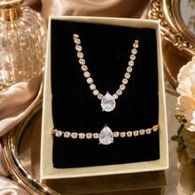2pcs/Set Leaf Flower Heart Sun Zirconia Bracelet & Necklace Set, Elegant Jewelry Gift Box Set, Bridal Gift, Lover Gift, Mother Gift, Christmas Gift Box, Birthday Gift - Gold - View 5