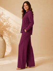 Women's Viscose Linen Set: Long-Sleeved Shirt With Buttons + Lined Wide-Leg Pants. Lightweight And Breathable Fabric. Elegant Casual Look For Work, Outings, And Everyday Wear. - 酒紅色 - 查看 6