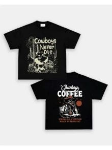 Skull With Hat And Cactus Symbolizes The Indomitable Spirit Of The Cowboy In The Desert And The Energy Of Coffee. Men's T-Shirt With Modern And Bold Double Print - 黑色 - 查看 1