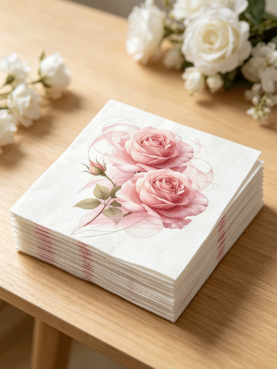 20pcs/Pack Dreamy Transparent Ribbon Pink Double Rose Disposable Napkins, Smooth Transparent Printed Paper Napkins, Cute Table Decor, Suitable For Bridal Brunch, Wedding, Birthday And Date Dinner
