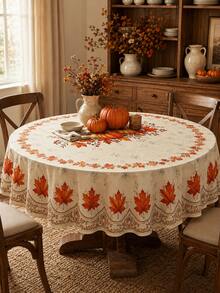 1pc-Autumn Maple Leaf Round Tablecloth, Beige Fall Table Cover With Orange Leaf Pattern, Elegant Harvest Printed Border For Thanksgiving Dinner Party Kitchen Decor - Multicolor - View 4